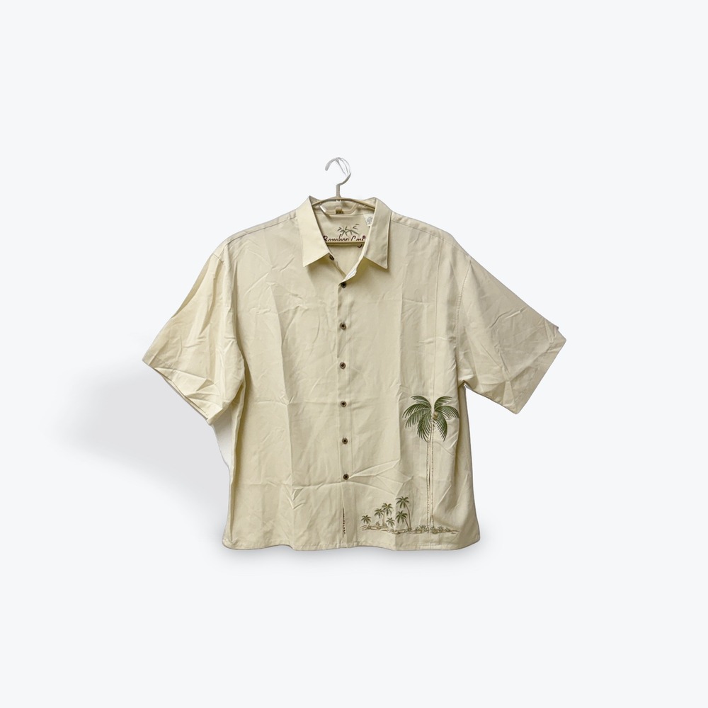 Bamboo Cay Mens XXL Cream Embroidered Palm Tree Modal Blend Camp Shirt S/S